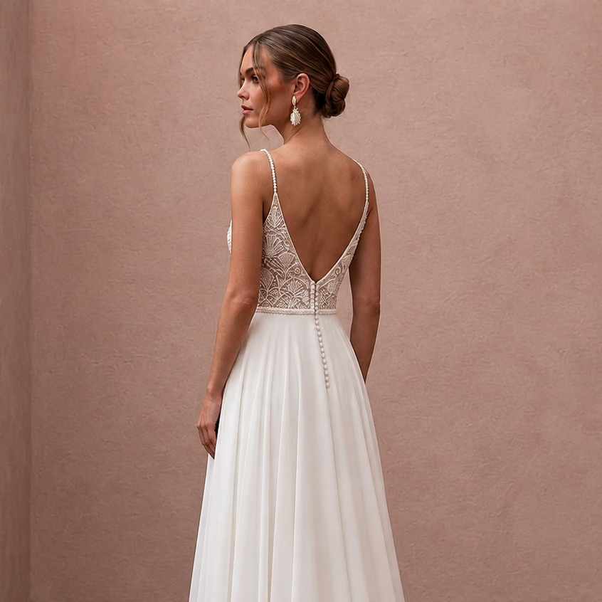 Beach Chiffon Wedding Dress with Spaghetti Straps and A-Line Silhouette