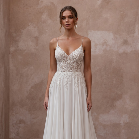 Beach Destination Bridal Gown with Spaghetti Straps and Flowing Skirt - Apparel & Accessories > Clothing > Wedding & Bridal Party Dresses > Wedding Dresses - Mignonette Bridal