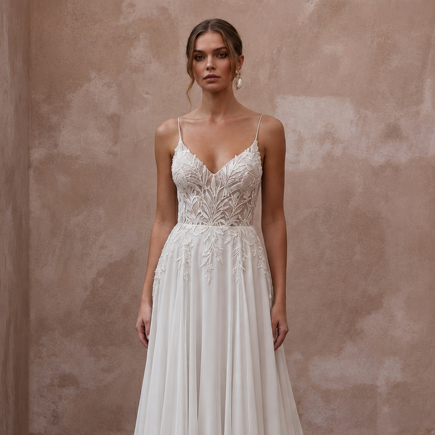 Beach Destination Bridal Gown with Spaghetti Straps and Flowing Skirt