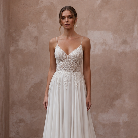 Beach Destination Bridal Gown with Spaghetti Straps and Flowing Skirt