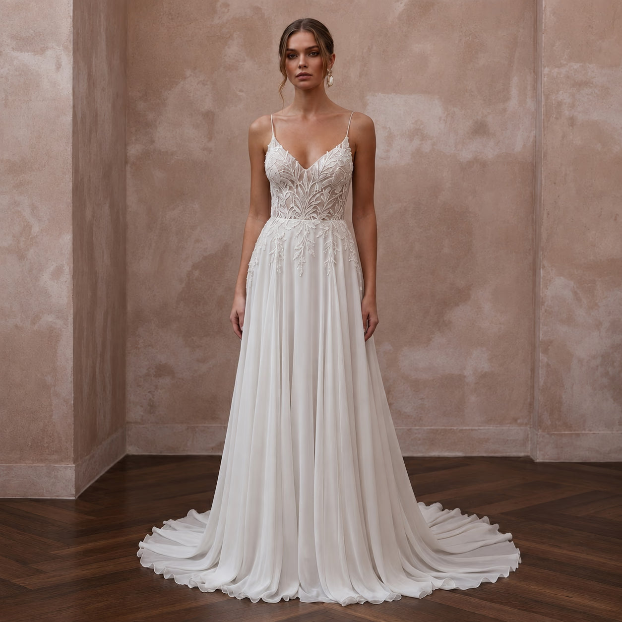 Beach Destination Bridal Gown with Spaghetti Straps and Flowing Skirt Main image
