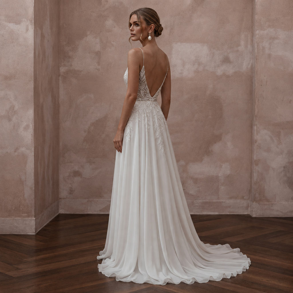 Beach Destination Bridal Gown with Spaghetti Straps and Flowing Skirt