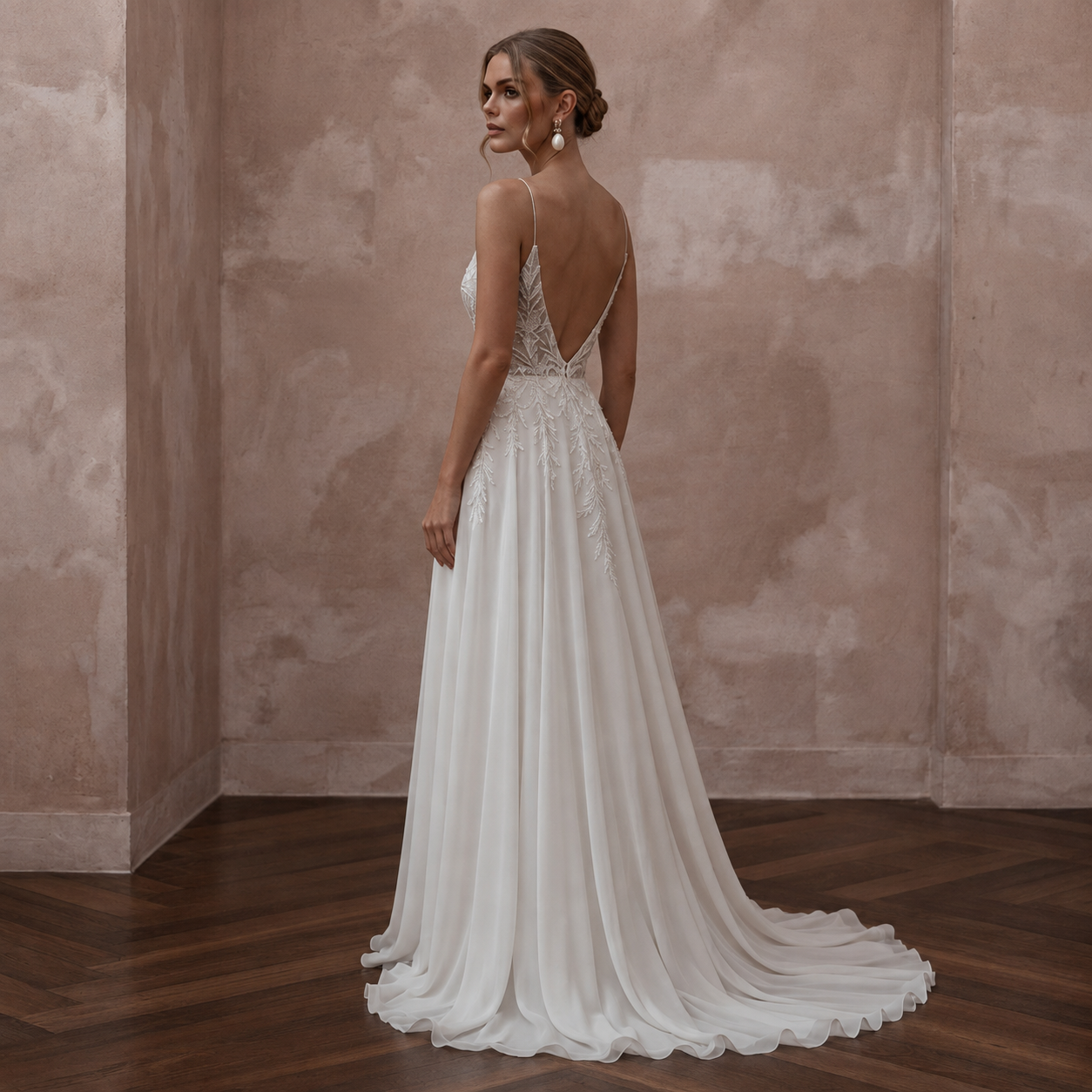 Beach Destination Bridal Gown with Spaghetti Straps and Flowing Skirt