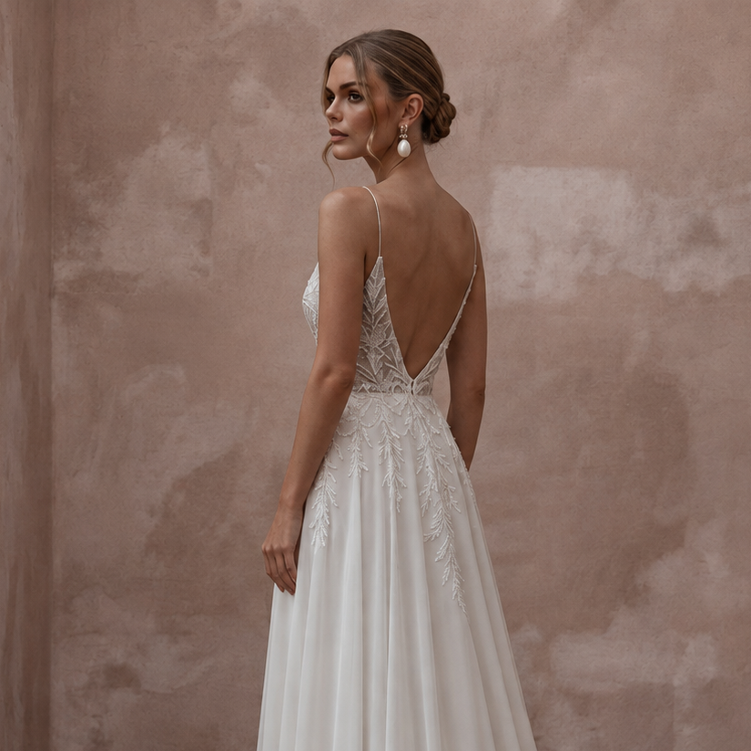 Beach Destination Bridal Gown with Spaghetti Straps and Flowing Skirt