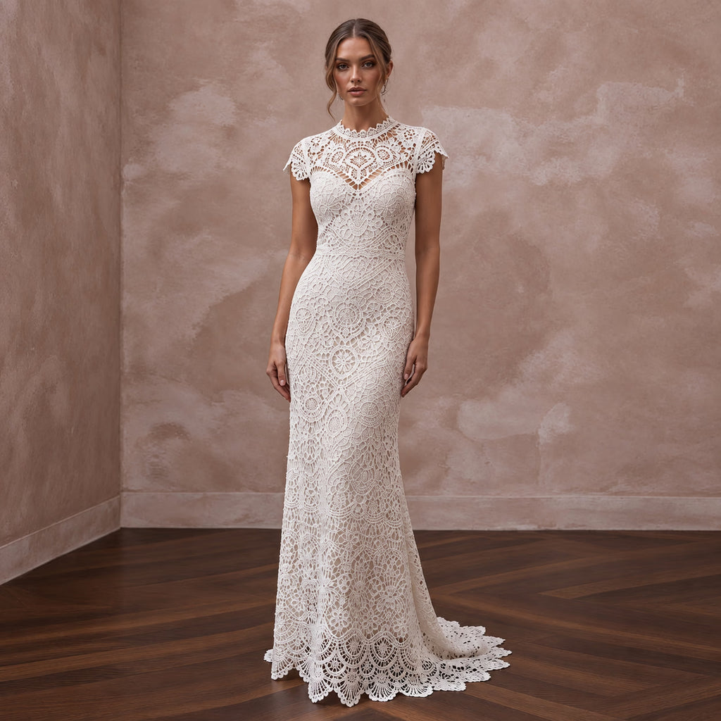 Beachy White Crochet Lace Sheath Bridal Gown for Tropical Vow Renewal