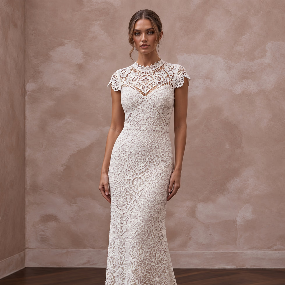 Beachy White Crochet Lace Sheath Bridal Gown for Tropical Vow Renewal