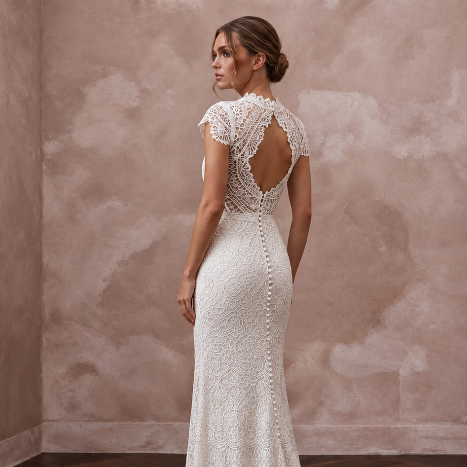 Beachy White Crochet Lace Sheath Bridal Gown for Tropical Vow Renewal