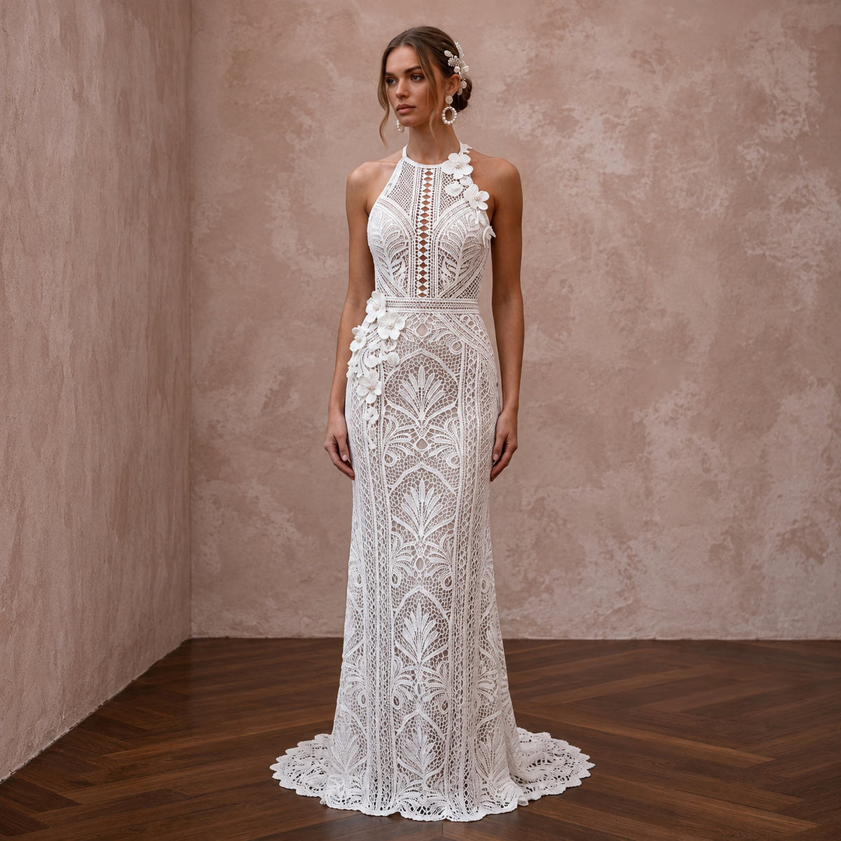 Beachy White Crochet Lace Sheath for Tropical Vow Renewal - Apparel & Accessories > Clothing > Wedding & Bridal Party Dresses > Wedding Dresses - Mignonette Bridal Main image