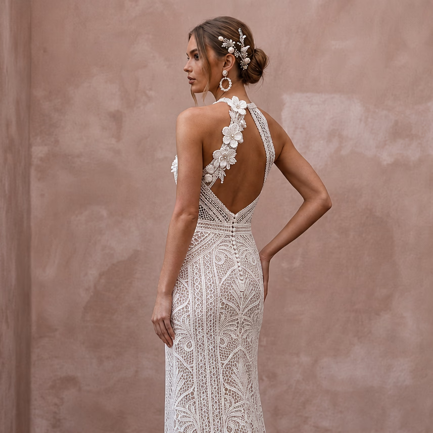 Beachy White Crochet Lace Sheath for Tropical Vow Renewal - Apparel & Accessories > Clothing > Wedding & Bridal Party Dresses > Wedding Dresses - Mignonette Bridal