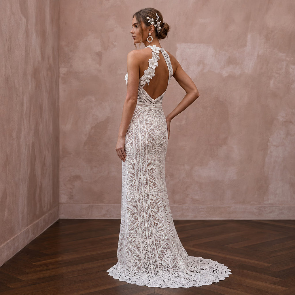 Beachy White Crochet Lace Sheath for Tropical Vow Renewal - Apparel & Accessories > Clothing > Wedding & Bridal Party Dresses > Wedding Dresses - Mignonette Bridal