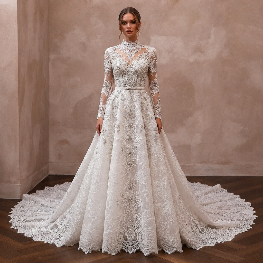 Beaded Chantilly Lace Wedding Dresses with Luxury Finish