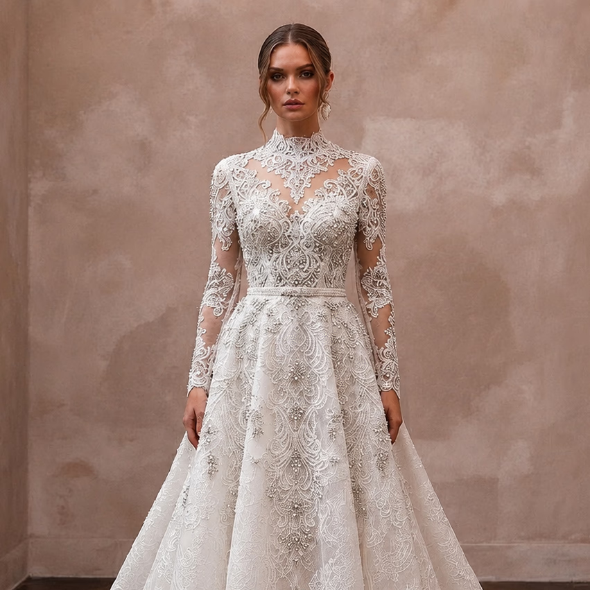 Beaded Chantilly Lace Wedding Dresses with Luxury Finish - Apparel & Accessories > Clothing > Wedding & Bridal Party Dresses > Wedding Dresses - Mignonette Bridal