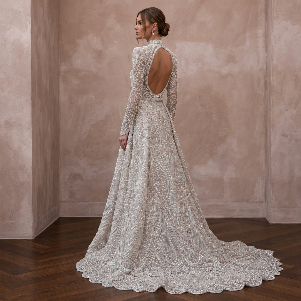 Beaded Lace Bridal Gown for a Black-Tie Ceremony