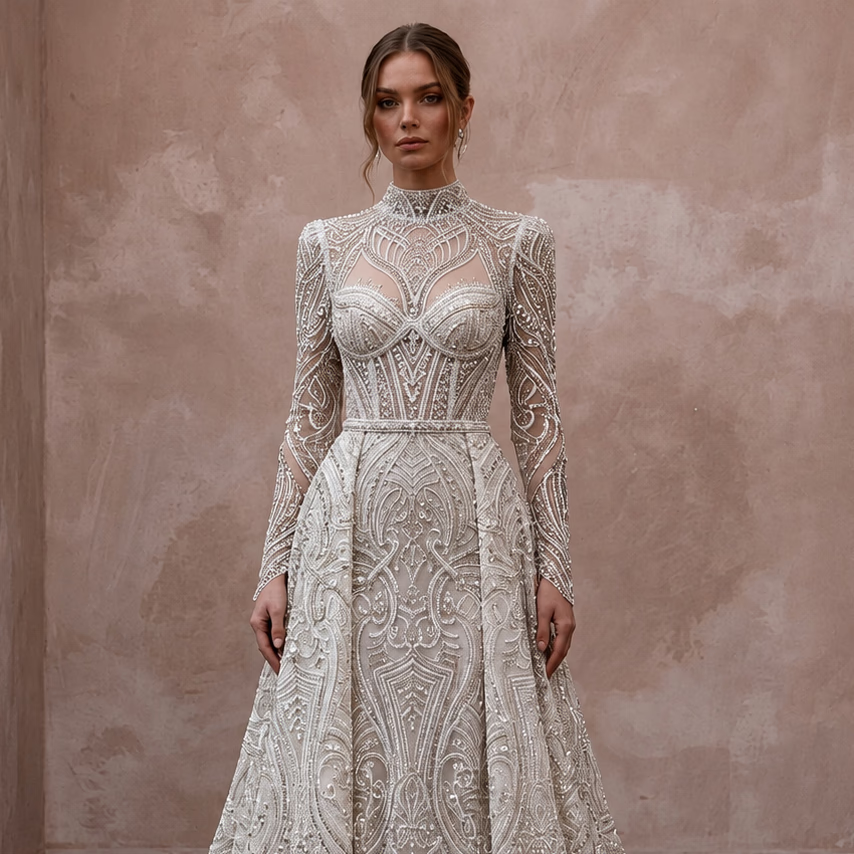Beaded Lace Bridal Gown for a Black-Tie Ceremony