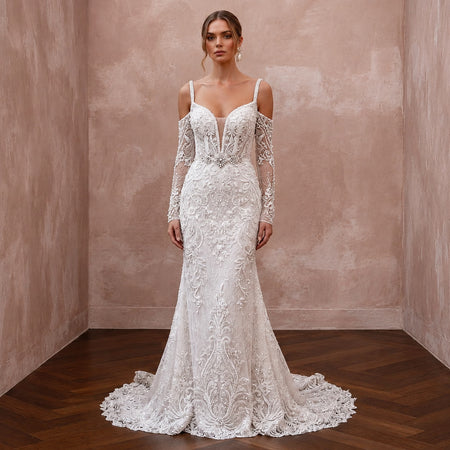 Beaded Lace Bridal Gown for a Winter Formal Wedding