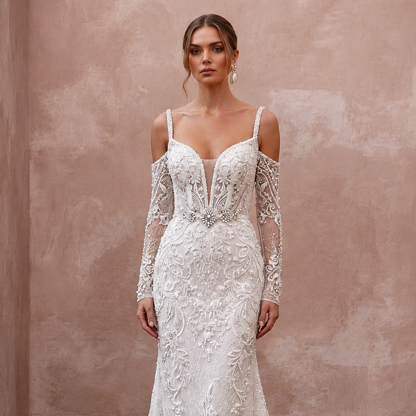 Beaded Lace Bridal Gown for a Winter Formal Wedding