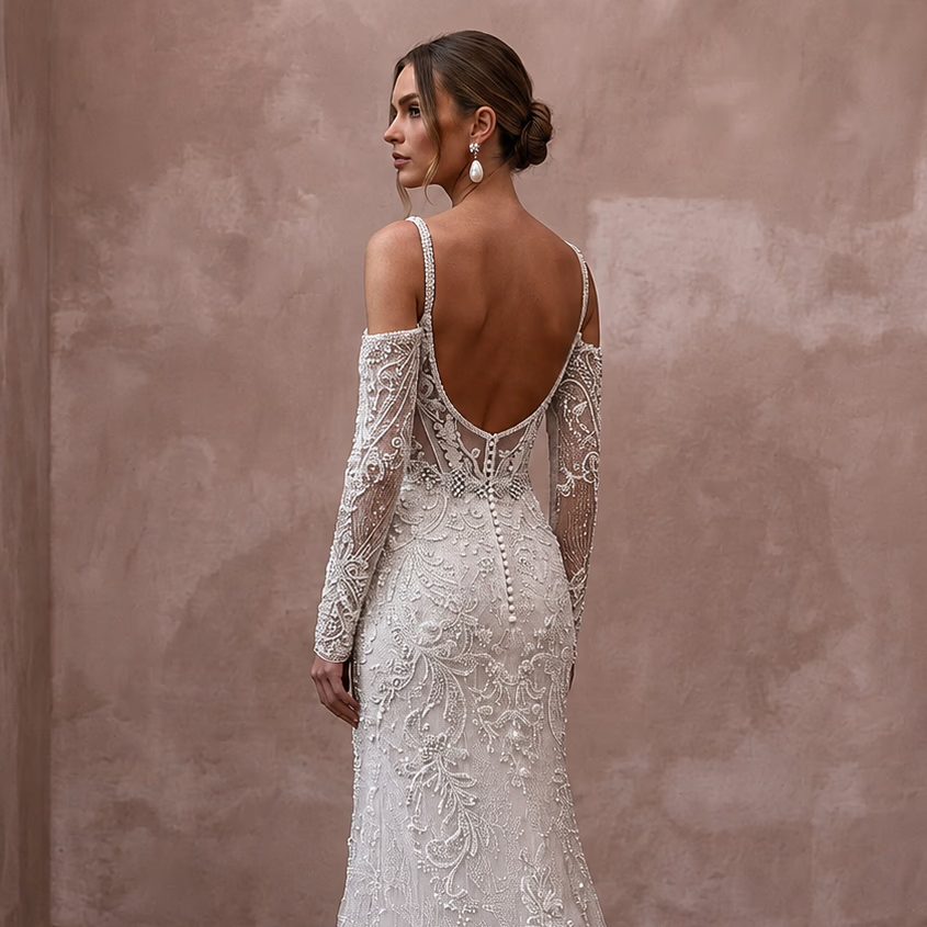 Beaded Lace Bridal Gown for a Winter Formal Wedding