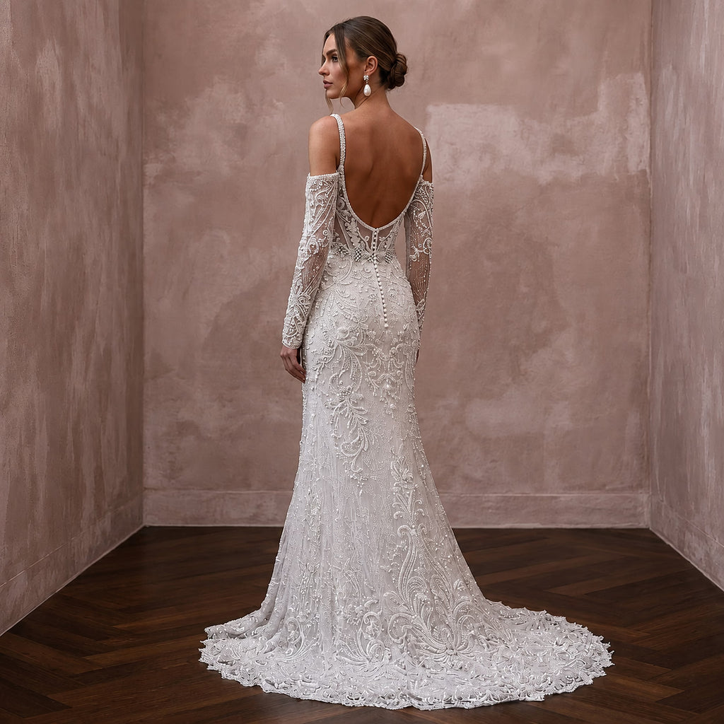 Beaded Lace Bridal Gown for a Winter Formal Wedding