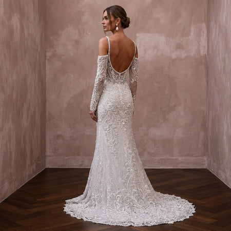 Beaded Lace Bridal Gown for a Winter Formal Wedding