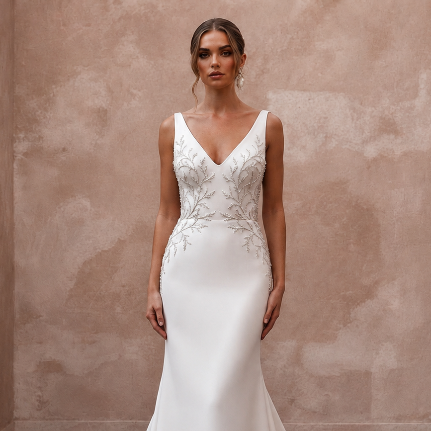 Beaded Satin Mermaid Bridal Dress with V - Neck - Apparel & Accessories > Clothing > Wedding & Bridal Party Dresses > Wedding Dresses - Mignonette Bridal