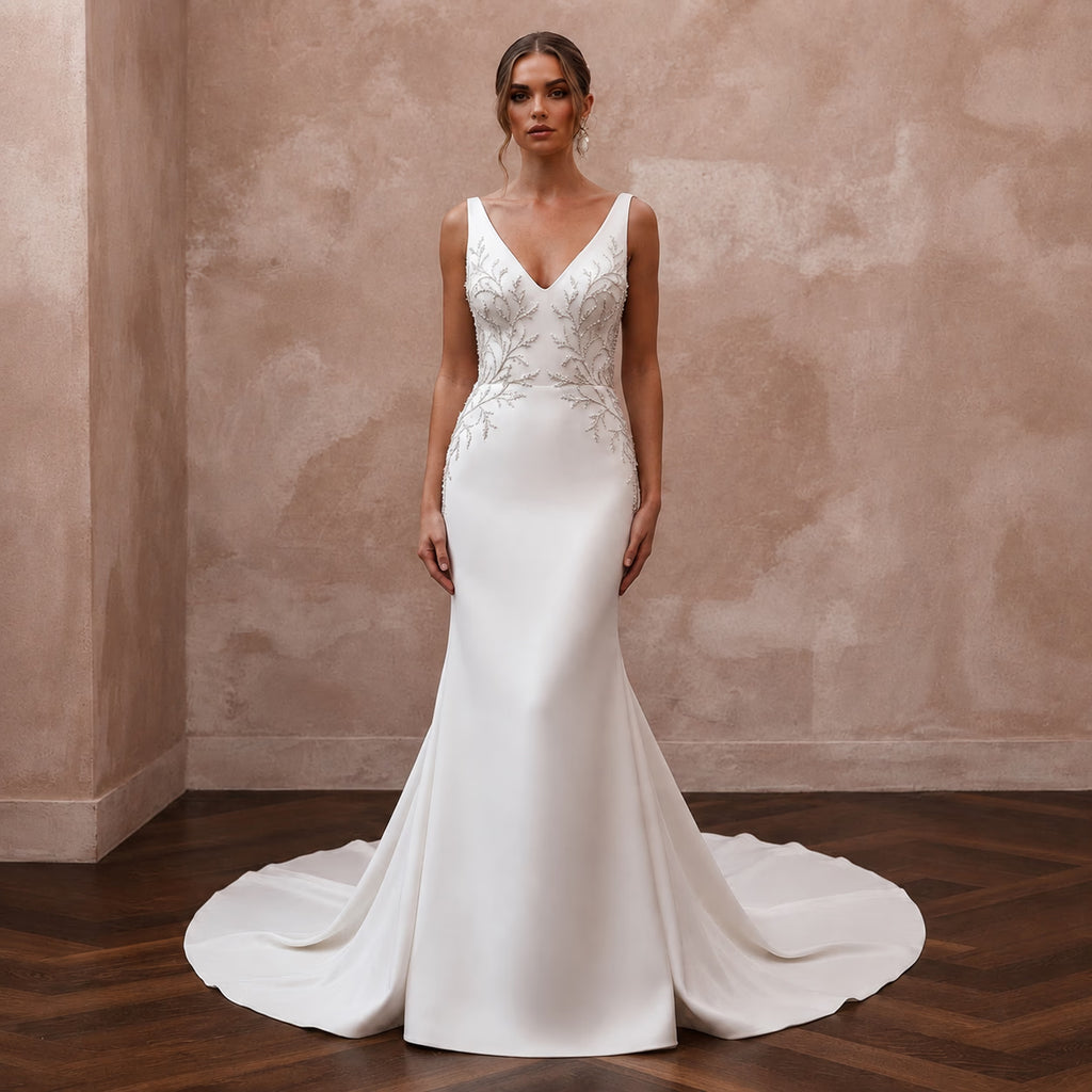 Beaded Satin Mermaid Bridal Dress with V - Neck - Apparel & Accessories > Clothing > Wedding & Bridal Party Dresses > Wedding Dresses - Mignonette Bridal