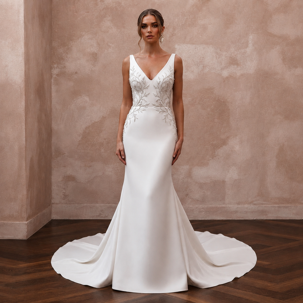 Beaded Satin Mermaid Bridal Dress with V - Neck - Apparel & Accessories > Clothing > Wedding & Bridal Party Dresses > Wedding Dresses - Mignonette Bridal