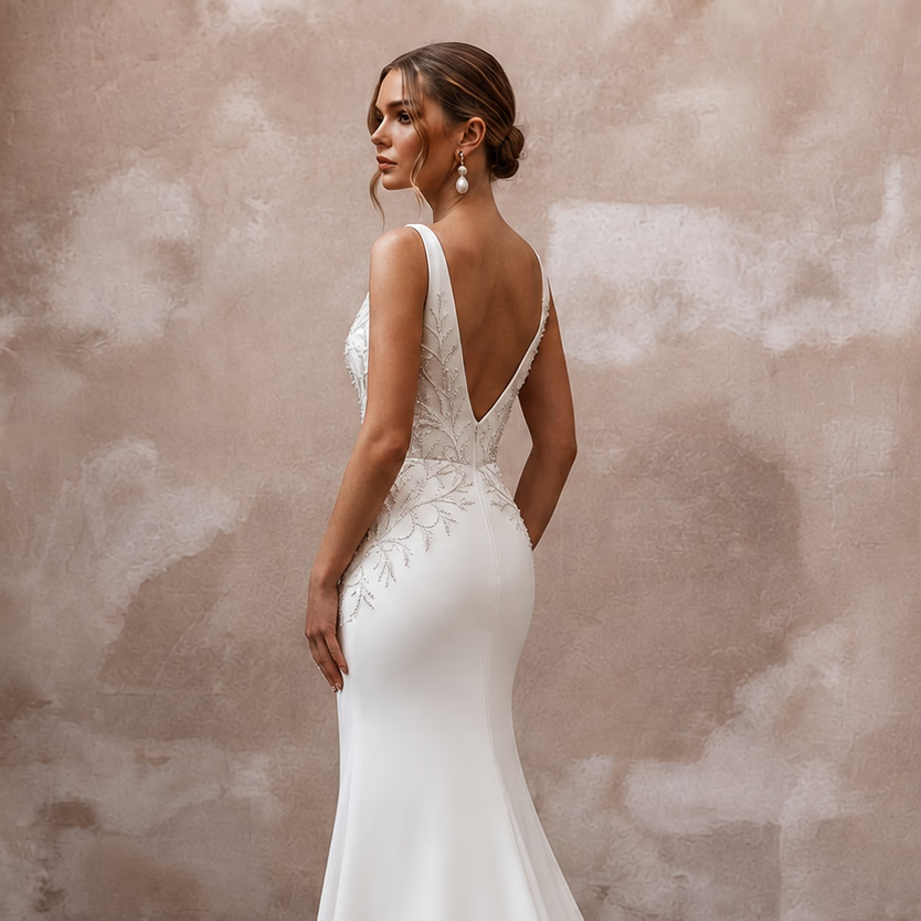 Beaded Satin Mermaid Bridal Dress with V - Neck - Apparel & Accessories > Clothing > Wedding & Bridal Party Dresses > Wedding Dresses - Mignonette Bridal