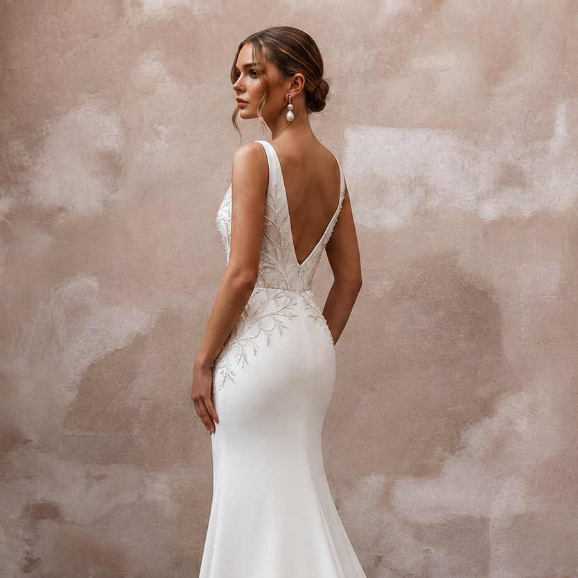 Beaded Satin Mermaid Bridal Dress with V - Neck - Apparel & Accessories > Clothing > Wedding & Bridal Party Dresses > Wedding Dresses - Mignonette Bridal