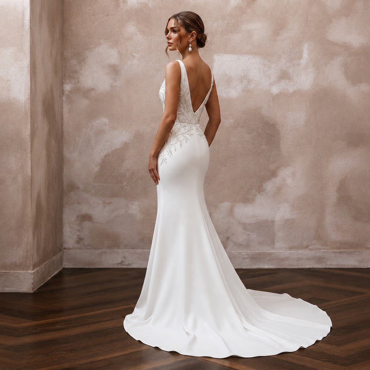 Beaded Satin Mermaid Bridal Dress with V-Neck Secondary image