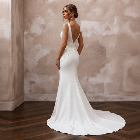 Beaded Satin Mermaid Bridal Dress with V - Neck - Apparel & Accessories > Clothing > Wedding & Bridal Party Dresses > Wedding Dresses - Mignonette Bridal