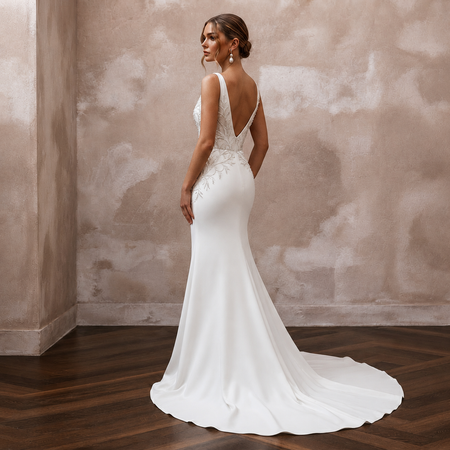 Beaded Satin Mermaid Bridal Dress with V - Neck - Apparel & Accessories > Clothing > Wedding & Bridal Party Dresses > Wedding Dresses - Mignonette Bridal