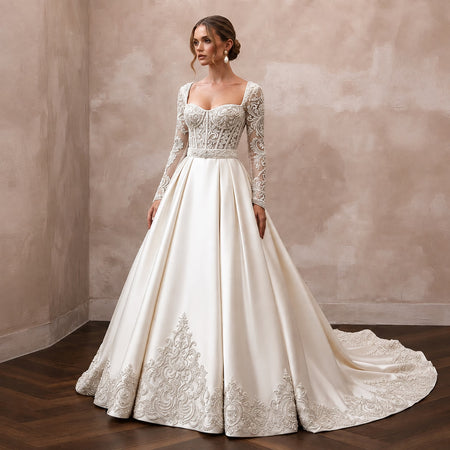 Beaded Satin Wedding Gown for a Formal Church Ceremony