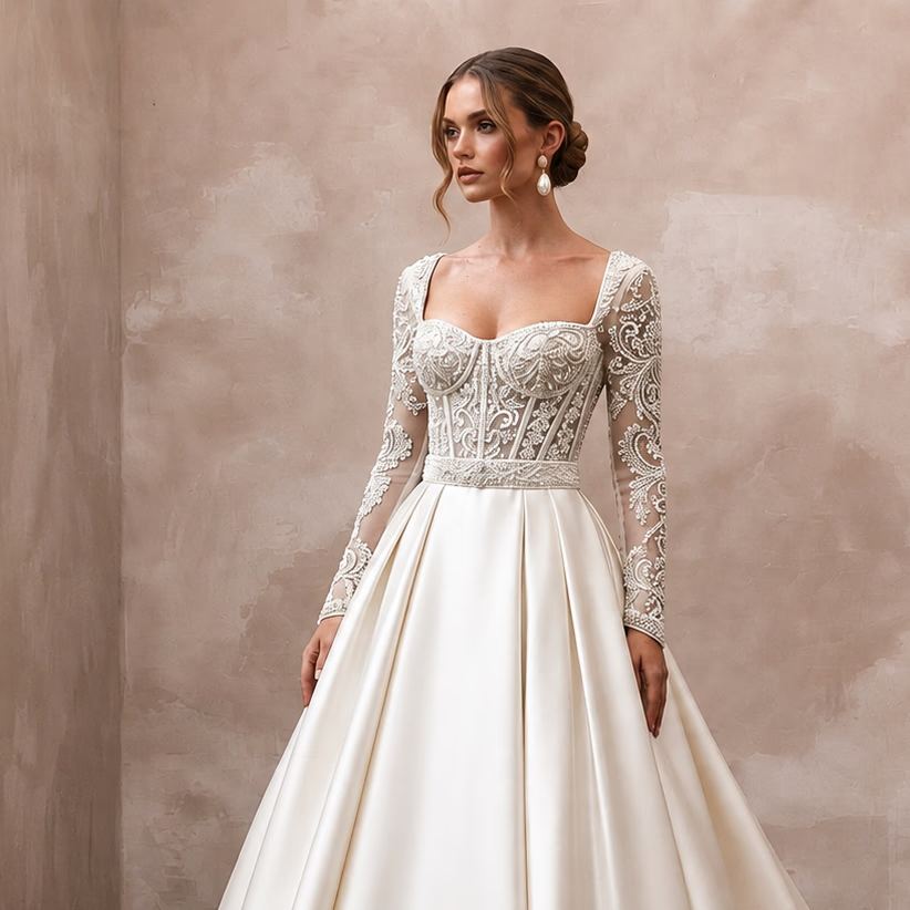 Beaded Satin Wedding Gown for a Formal Church Ceremony