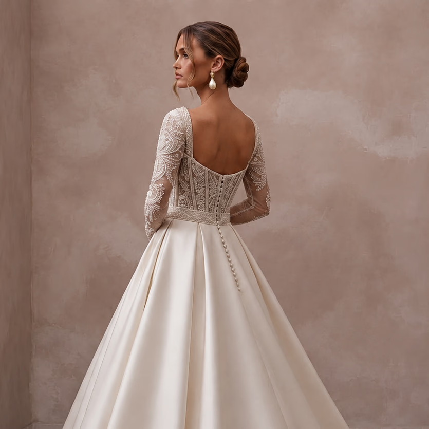 Beaded Satin Wedding Gown for a Formal Church Ceremony