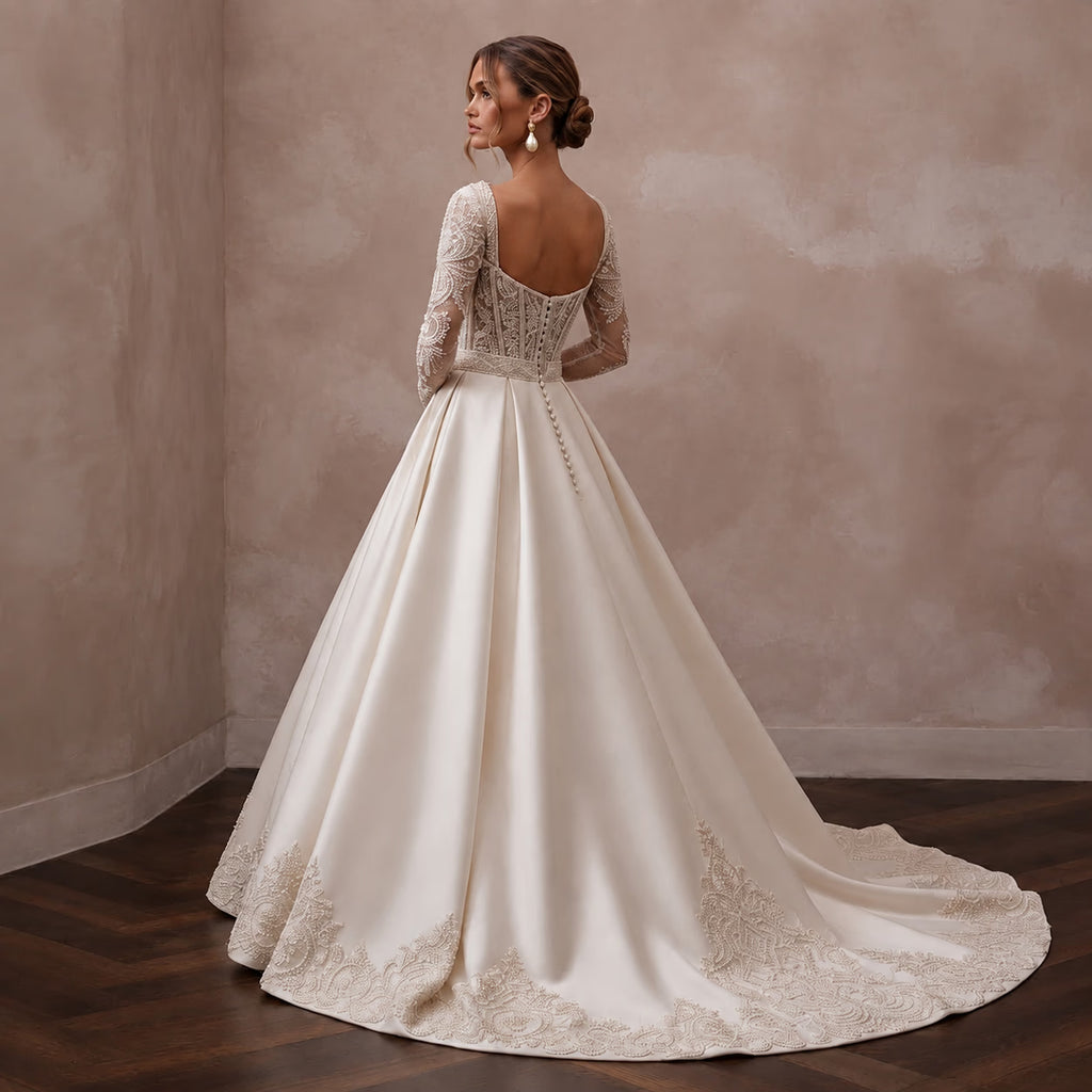Beaded Satin Wedding Gown for a Formal Church Ceremony