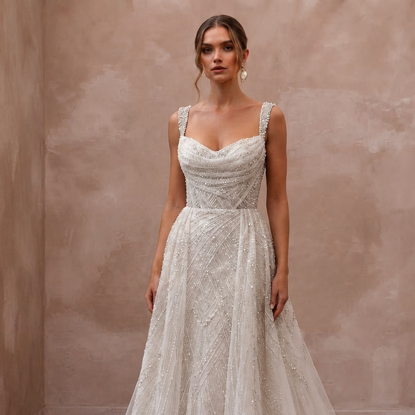 Beaded Tulle Bridal Gown for an Evening Wedding