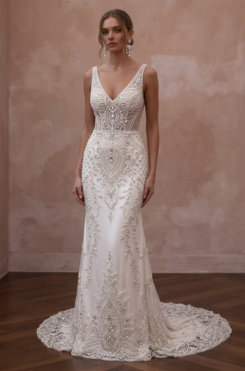 Beaded Wedding Dresses with Handcrafted Crystal Accents - Apparel & Accessories > Clothing > Wedding & Bridal Party Dresses > Wedding Dresses - Mignonette Main image