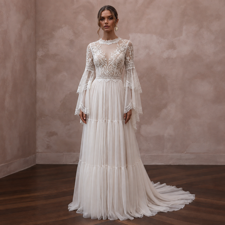 Bell Sleeve Boho Wedding Dress for a Country Ceremony - Apparel & Accessories > Clothing > Wedding & Bridal Party Dresses > Wedding Dresses - Mignonette Bridal