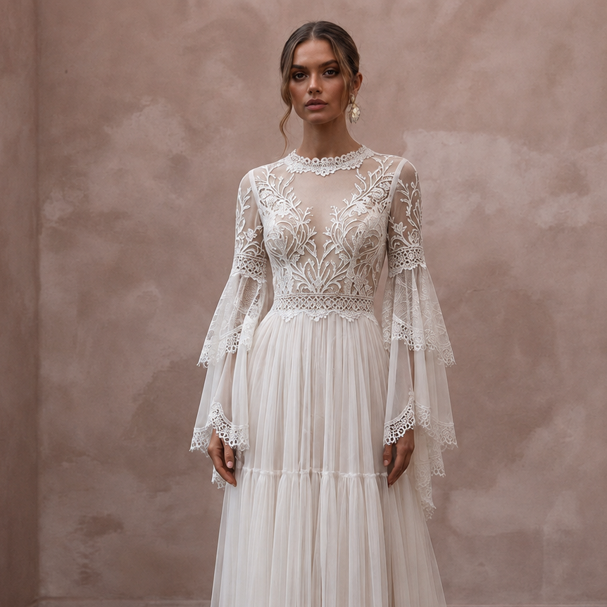 Bell Sleeve Boho Wedding Dress for a Country Ceremony - Apparel & Accessories > Clothing > Wedding & Bridal Party Dresses > Wedding Dresses - Mignonette Bridal