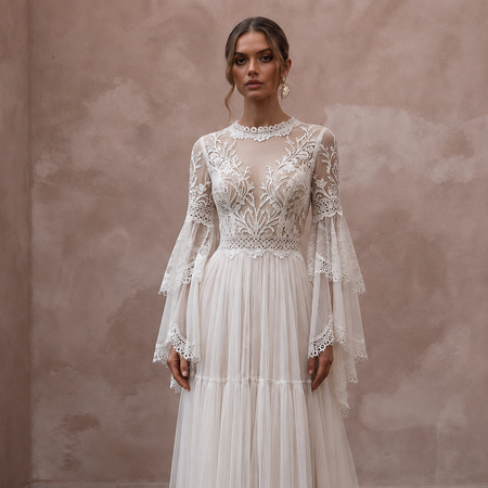 Bell Sleeve Boho Wedding Dress for a Country Ceremony - Apparel & Accessories > Clothing > Wedding & Bridal Party Dresses > Wedding Dresses - Mignonette Bridal