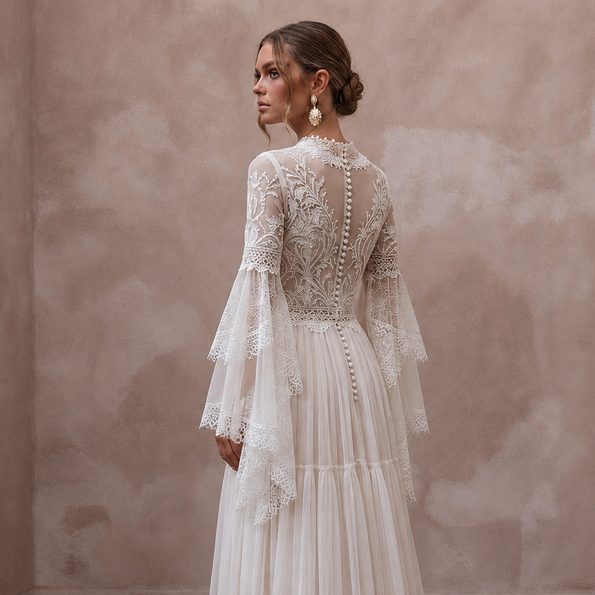 Bell Sleeve Boho Wedding Dress for a Country Ceremony - Apparel & Accessories > Clothing > Wedding & Bridal Party Dresses > Wedding Dresses - Mignonette Bridal