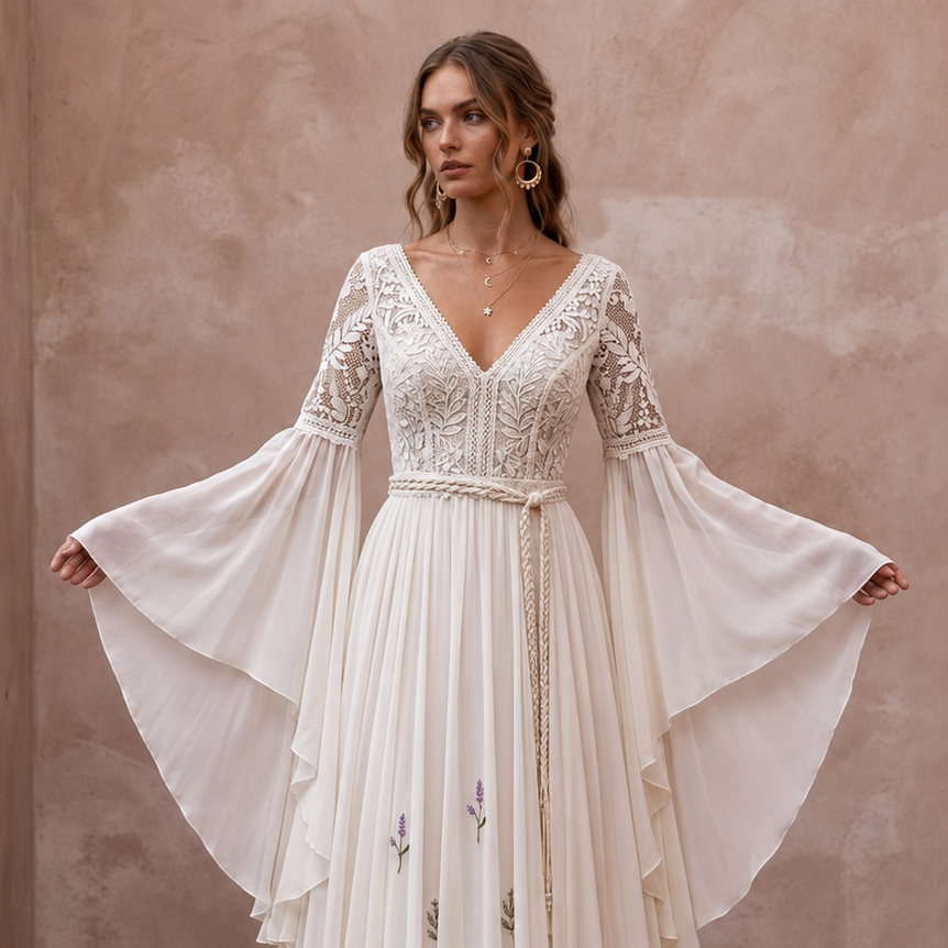 Bell Sleeve Chiffon Bridal Gown for a Boho Wedding - Apparel & Accessories > Clothing > Wedding & Bridal Party Dresses > Wedding Dresses - Mignonette Bridal