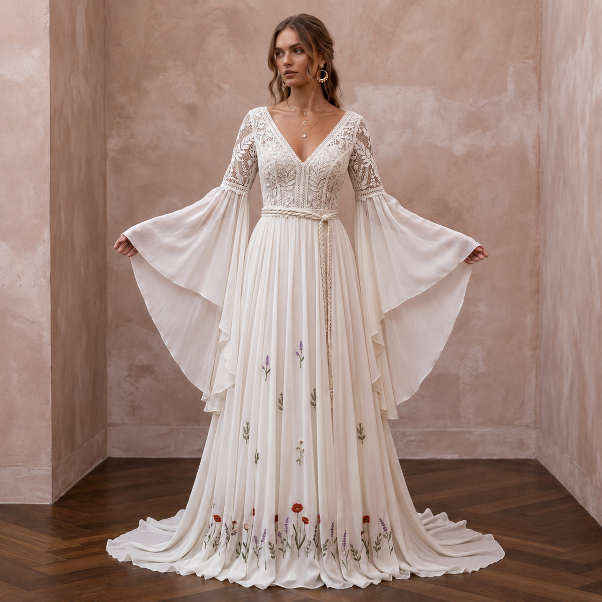 Bell Sleeve Chiffon Bridal Gown for a Boho Wedding - Apparel & Accessories > Clothing > Wedding & Bridal Party Dresses > Wedding Dresses - Mignonette Bridal