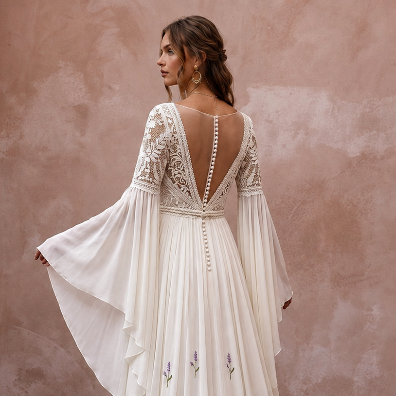 Bell Sleeve Chiffon Bridal Gown for a Boho Wedding - Apparel & Accessories > Clothing > Wedding & Bridal Party Dresses > Wedding Dresses - Mignonette Bridal