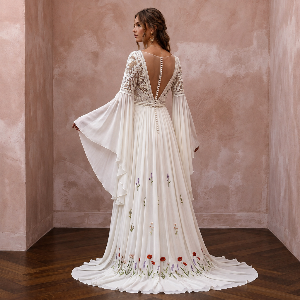 Bell Sleeve Chiffon Bridal Gown for a Boho Wedding - Apparel & Accessories > Clothing > Wedding & Bridal Party Dresses > Wedding Dresses - Mignonette Bridal