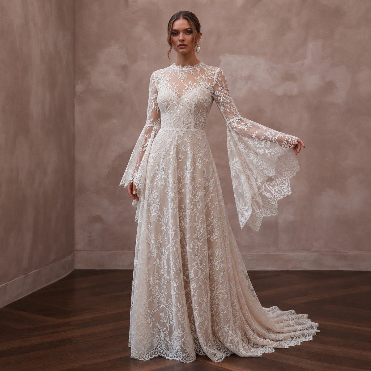Bell Sleeve Lace Bridal Gown for a Woodland Ceremony - Apparel & Accessories > Clothing > Wedding & Bridal Party Dresses > Wedding Dresses - Mignonette Bridal