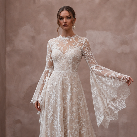 Bell Sleeve Lace Bridal Gown for a Woodland Ceremony - Apparel & Accessories > Clothing > Wedding & Bridal Party Dresses > Wedding Dresses - Mignonette Bridal