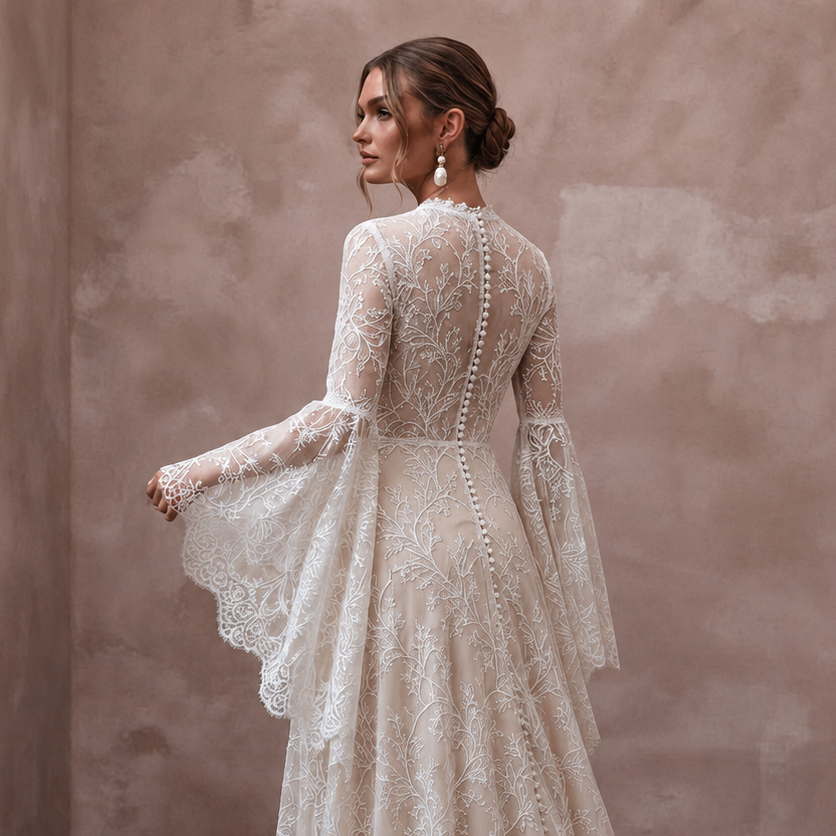 Bell Sleeve Lace Bridal Gown for a Woodland Ceremony - Apparel & Accessories > Clothing > Wedding & Bridal Party Dresses > Wedding Dresses - Mignonette Bridal