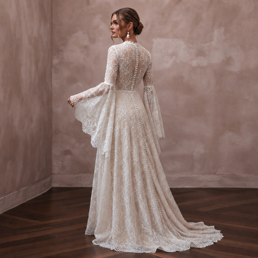 Bell Sleeve Lace Bridal Gown for a Woodland Ceremony - Apparel & Accessories > Clothing > Wedding & Bridal Party Dresses > Wedding Dresses - Mignonette Bridal