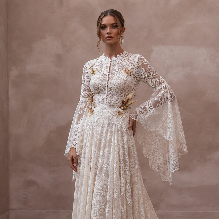 Bell Sleeve Lace Wedding Gown for a Rustic Ceremony - Apparel & Accessories > Clothing > Wedding & Bridal Party Dresses > Wedding Dresses - Mignonette Bridal